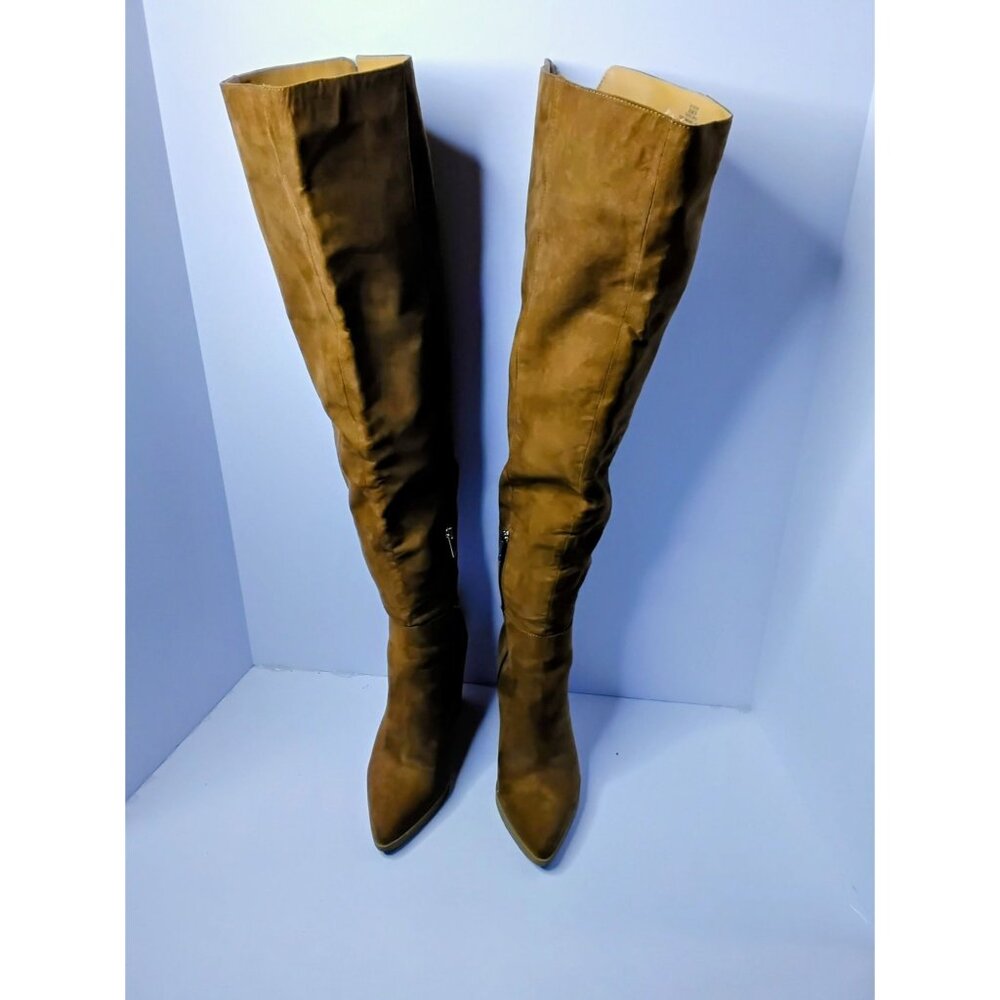 JS-Cassida Brown Faux Suede Over-The-Knee Wedge Boots Size 8.5M With Side Zipper